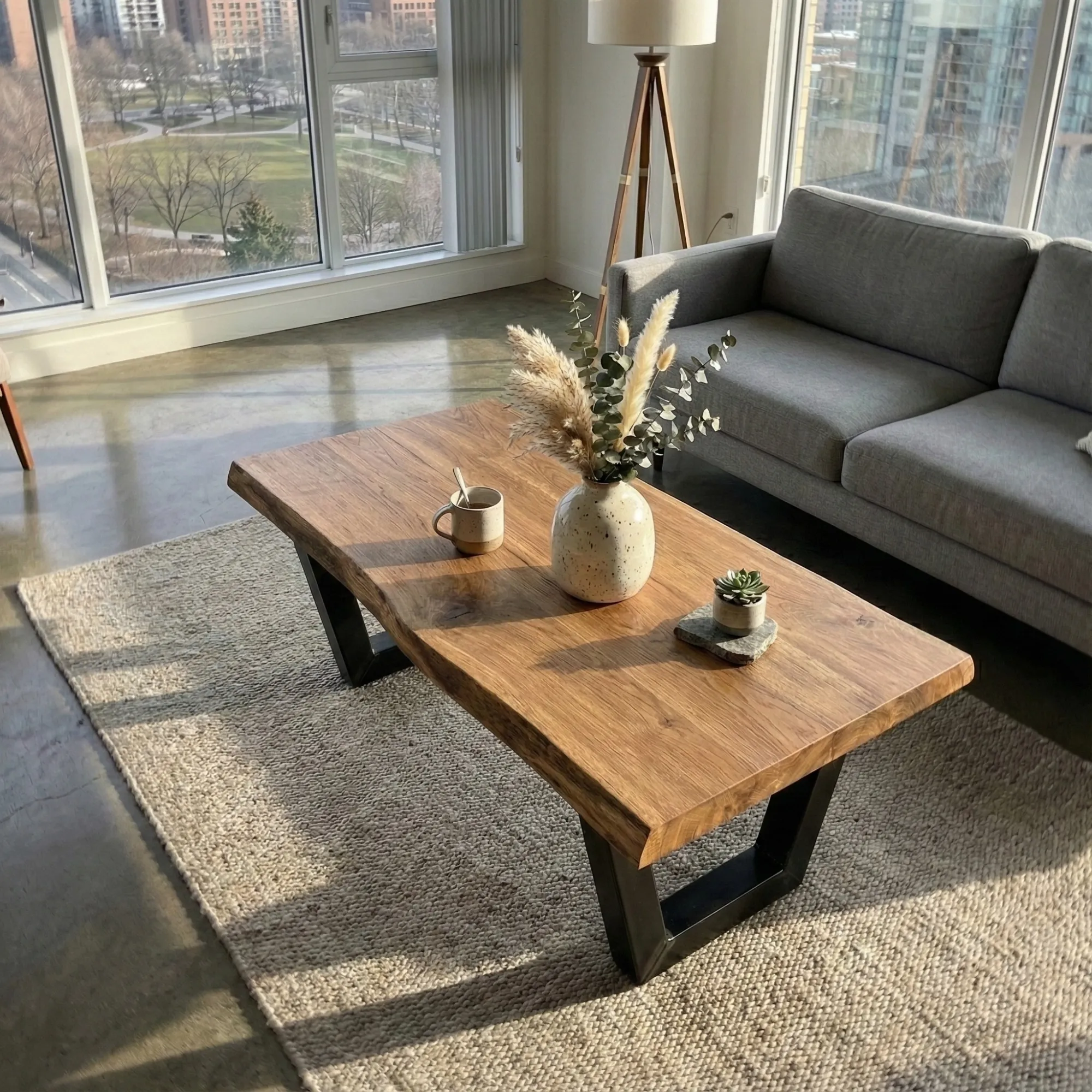 Oval Wood Coffee Table with Steel Base